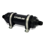 Fuelab 828 long-length black in-line fuel filter with -10AN fittings and 6 micron fiberglass element.