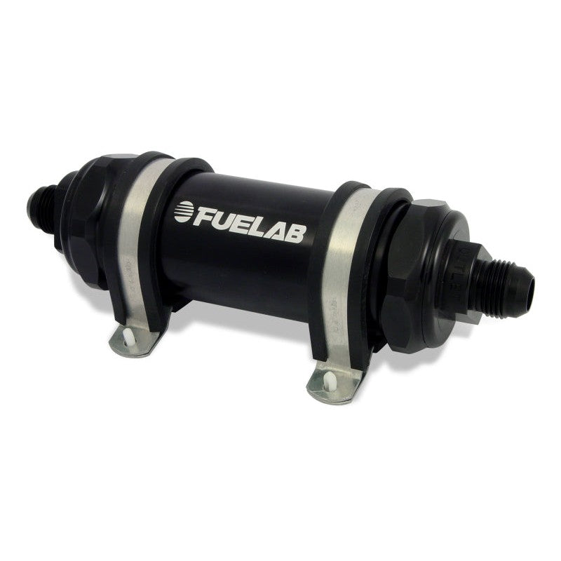 Black anodized Fuelab 828 Series long in-line fuel filter with -8AN male inlet and outlet ports