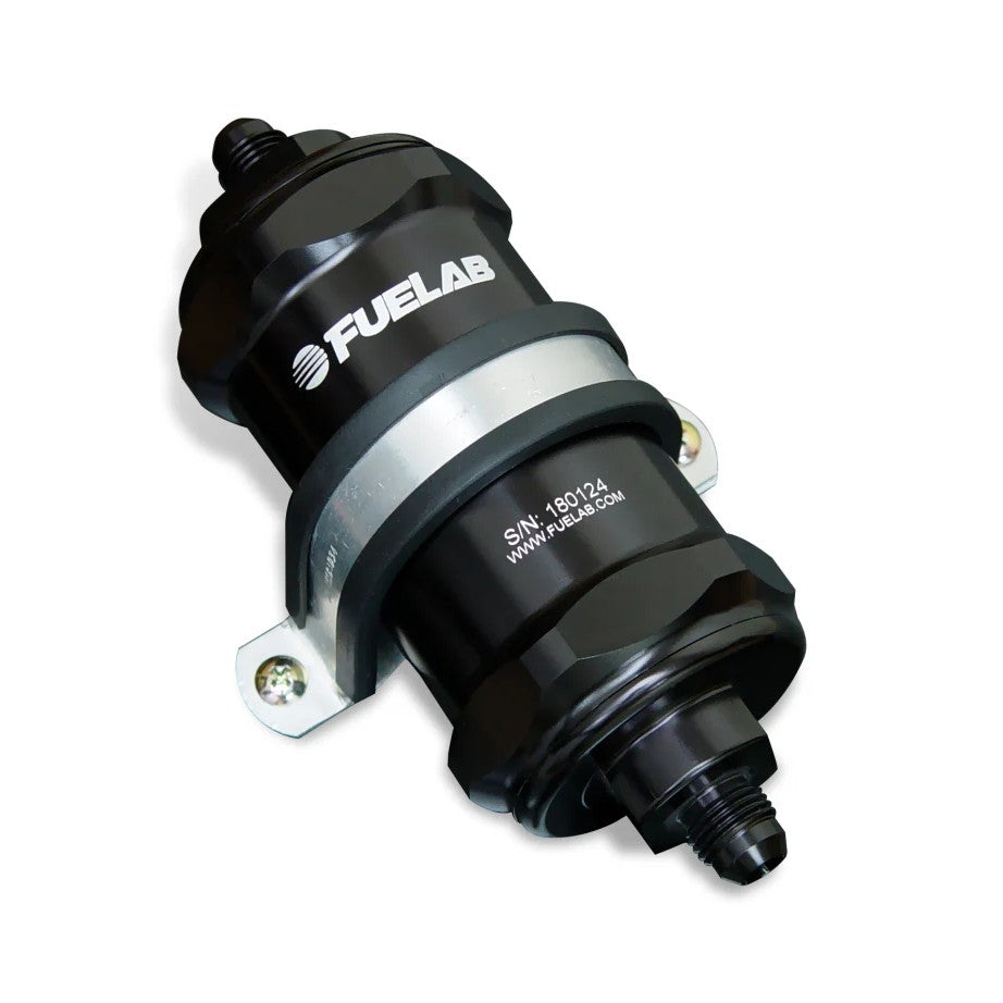 Black Fuelab 84832-1 standard in-line fuel filter with -8AN inlet and outlet ports and internal check valve.