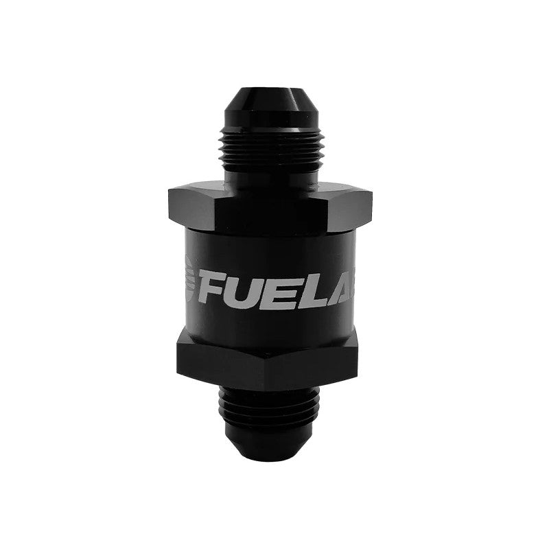 Fuelab 71703 high flow one-way check valve showing the 8AN threaded ports and compact body design.