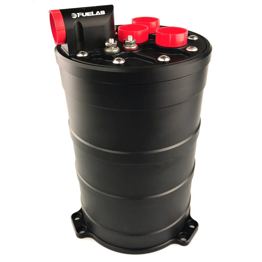 Fuelab 290mm fuel surge tank assembly with dual 340 LPH E85-compatible pumps and terminal electrical connectors.