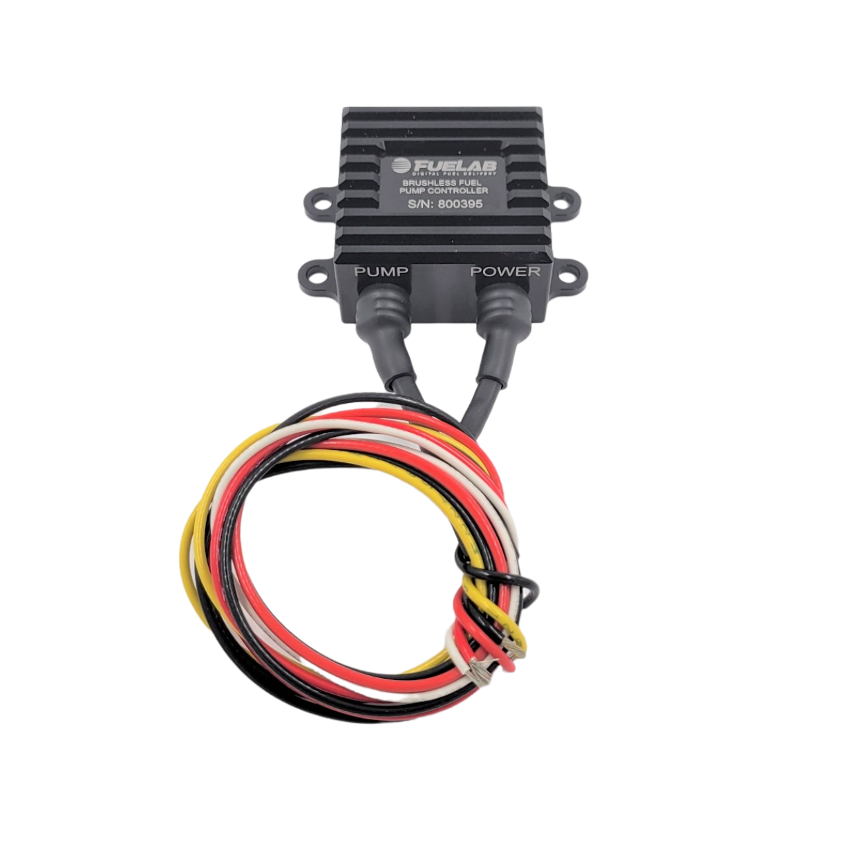 Fuelab 72004 external DC brushless fuel pump controller with finned aluminum heat sink and wiring harness connector.