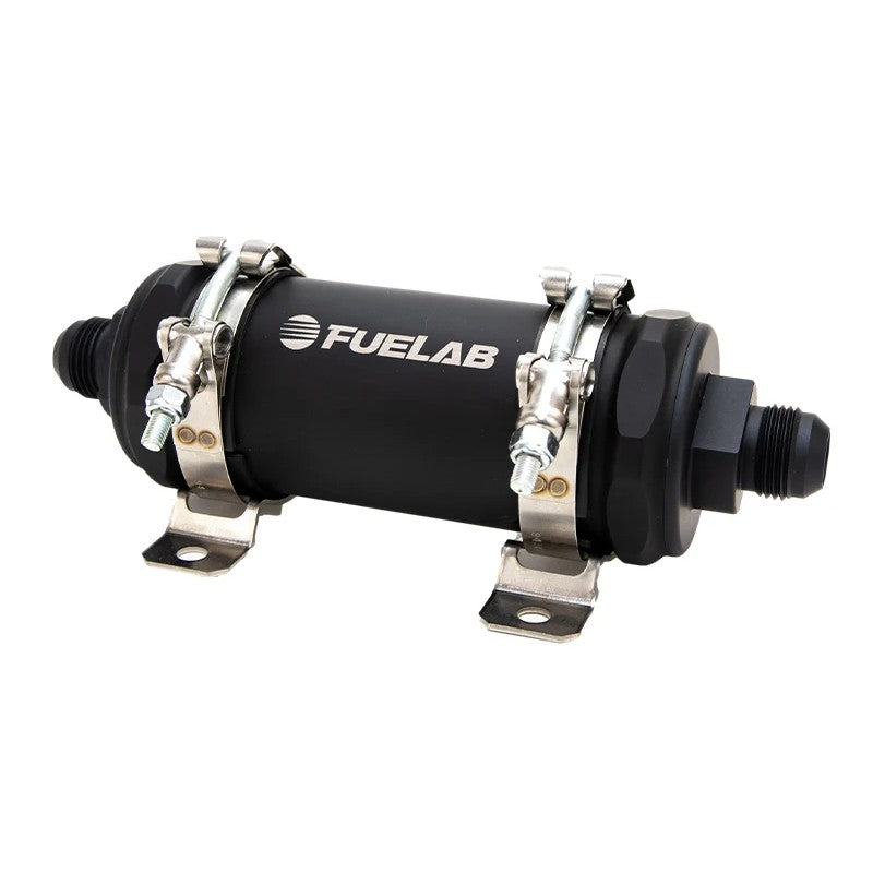 Matte black Fuelab PRO Series extreme flow in-line fuel filter with -12AN inlet and outlet ports.