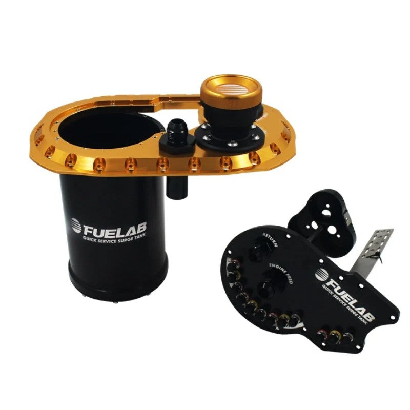 Gold anodized Fuelab Quick Service Surge Tank 2.0 modular chassis without pumps