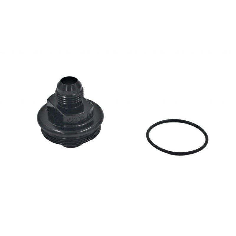Black anodized aluminum Fuelab fuel filter replacement cap featuring a -10AN threaded outlet.