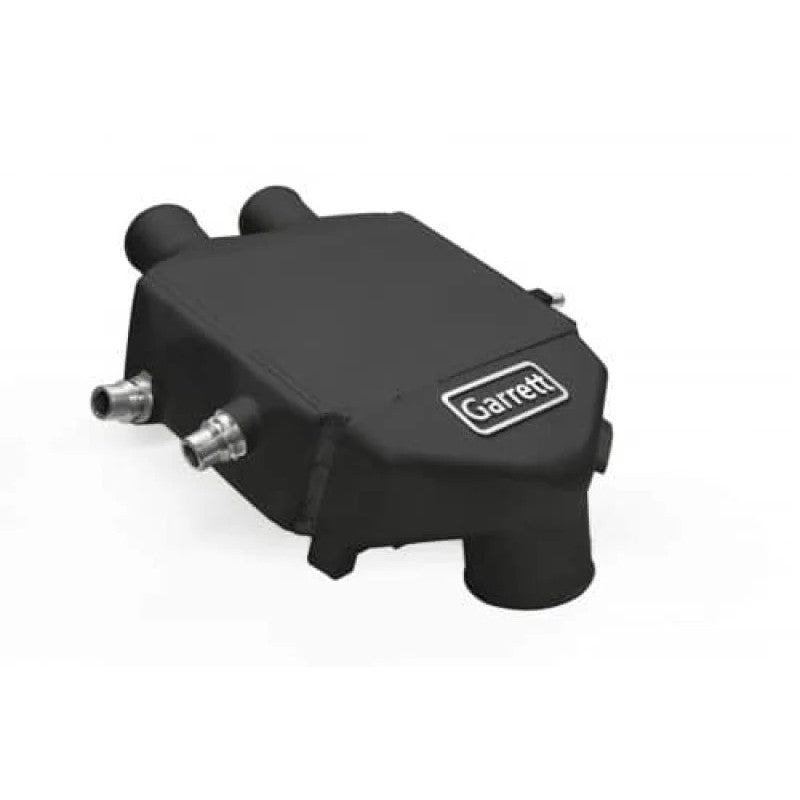 Black Garrett performance air-to-water intercooler for BMW F80 M3 and F82 M4 S55 engines