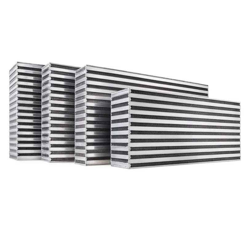 Garrett 1100 HP vertical flow air-to-air intercooler core showing high-density bar and plate fin construction.