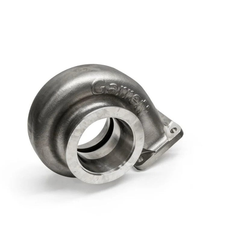 Garrett G40 turbine housing with divided T4 inlet and V-band outlet flange for standard rotation turbochargers.
