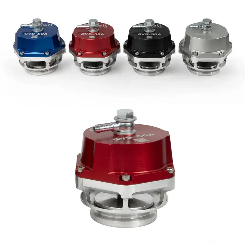 Red anodized Garrett GVB-50A 50mm vent-to-atmosphere blow off valve with V-band mounting flange