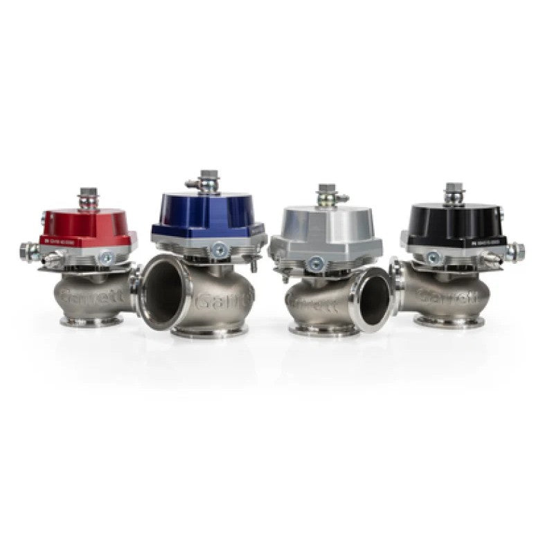 Red anodized Garrett GVW-40 40mm external wastegate with stainless steel V-band flanges and mounting hardware.