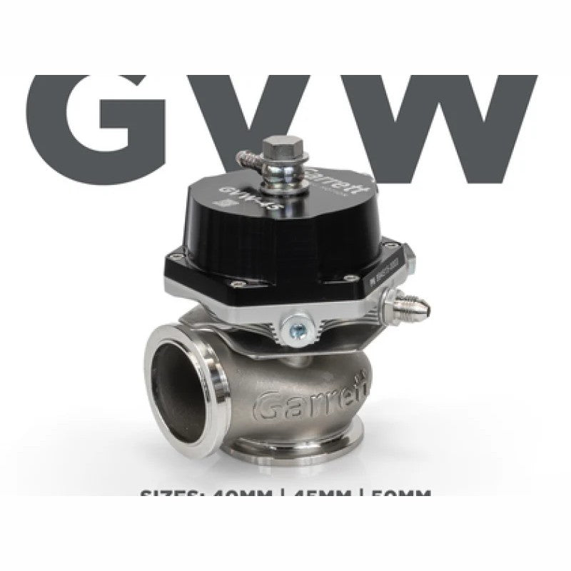 Garrett GVW-50 50mm external wastegate kit in black with V-band flanges and mounting hardware
