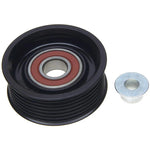 Gates 36222 steel 7-grooved flanged V-ribbed idler pulley showing the grooved surface and central bearing.