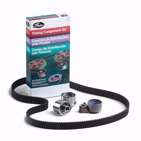 Gates timing belt kit including black rubber timing belt, metal tensioner pulley, and cast aluminum water pump