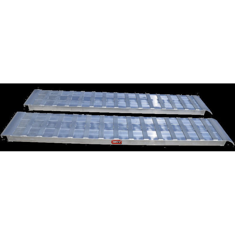 Pair of Gen-Y Extreme-Duty aluminum loading ramps featuring hybrid hook and plate ends and a 5,000 pound per ramp capacity.