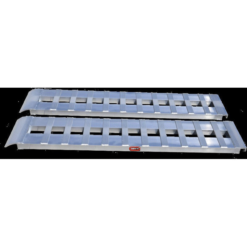 Pair of 8-foot Gen-Y aluminum loading ramps featuring 15-inch width and hybrid hook and plate attachment ends.