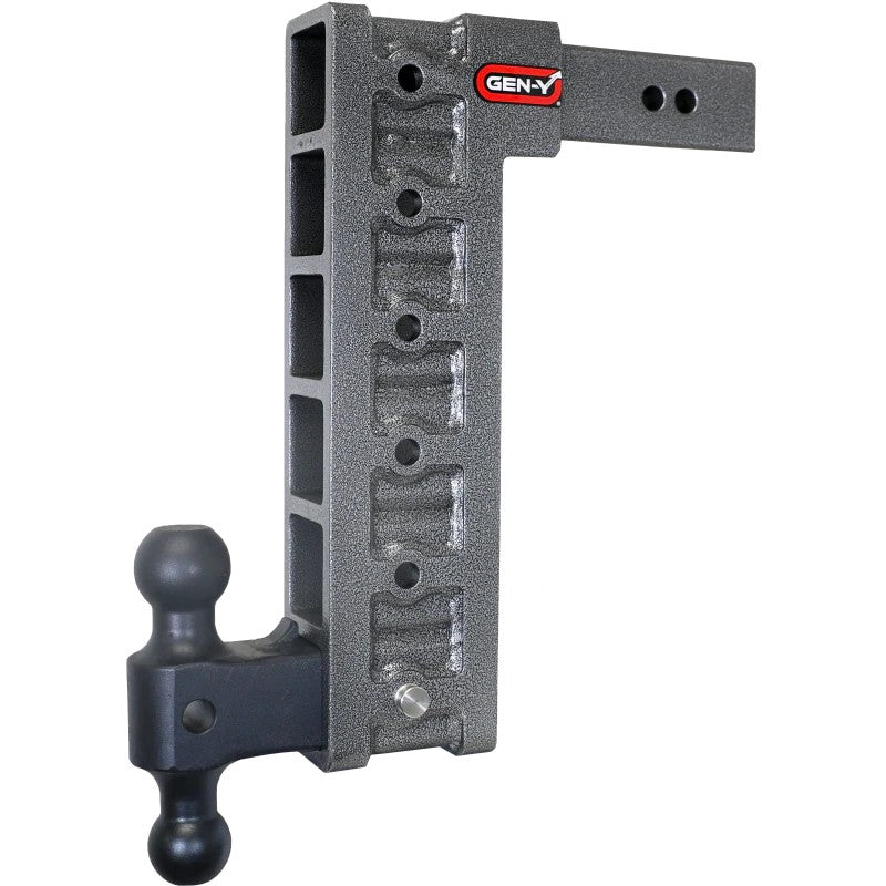 Gen-Y Mega Duty 2.5-inch shank adjustable 15-inch drop hitch with dual-ball mount and stabilizer bars.