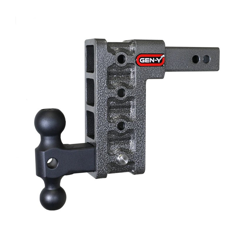 Gen-Y Mega Duty adjustable drop hitch with 2-inch shank, GH-031 dual-ball mount, and silver-vein powder coat finish.