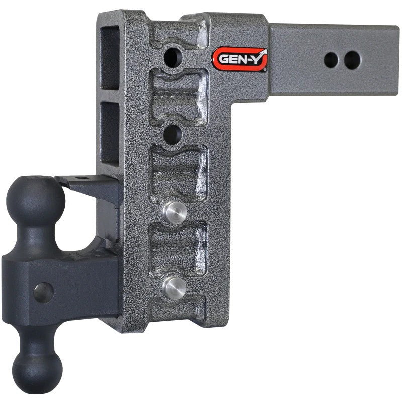 Gen-Y Mega Duty GH-1724 adjustable hitch with 3-inch shank, 9-inch drop, dual-ball mount, and pintle lock.
