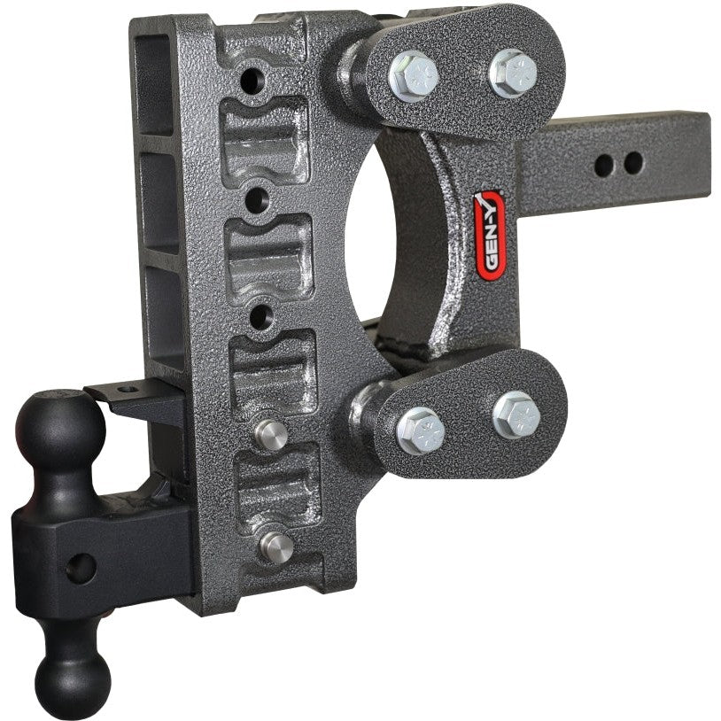 Gen-Y Boss Torsion-Flex adjustable 9-inch drop hitch with 2.5-inch shank, dual-ball mount, and pintle lock
