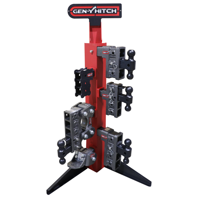 Gen-Y GH-5001 vertical black steel hitch display stand with 6 receiver slots and an integrated monitor mounting bracket.
