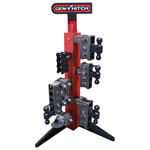 Gen-Y GH-5001 vertical black steel hitch display stand with 6 receiver slots and an integrated monitor mounting bracket.