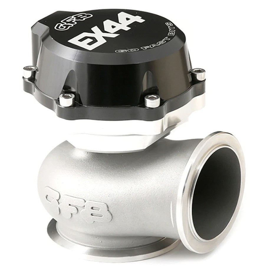 GFB 7002 44mm V-band external wastegate with investment cast stainless steel body and 100mm compact height.