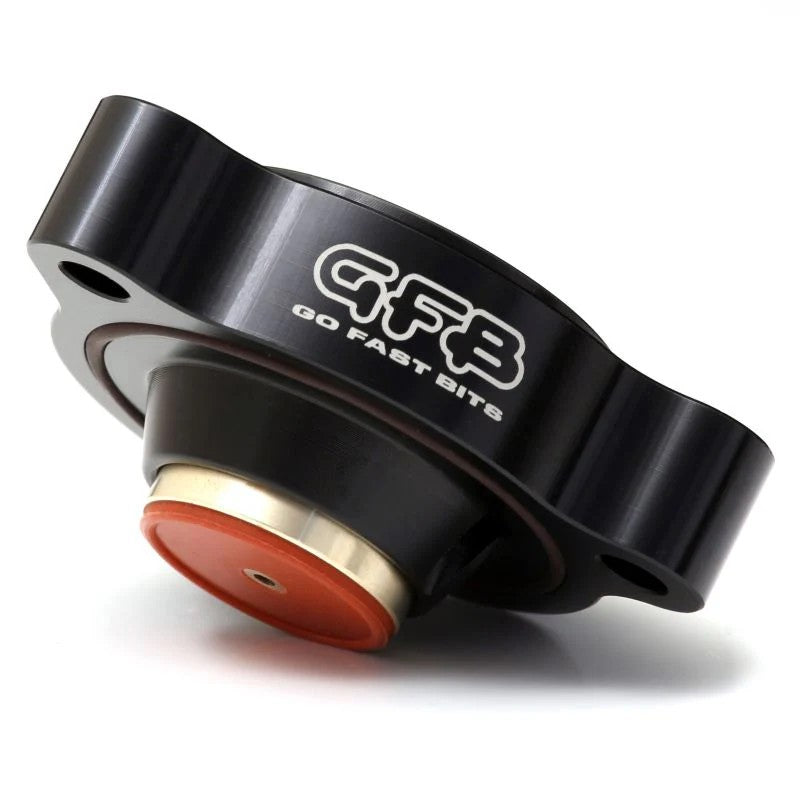 GFB T9366 DV+ Performance Diverter Valve featuring CNC-machined brass piston and black anodized body.