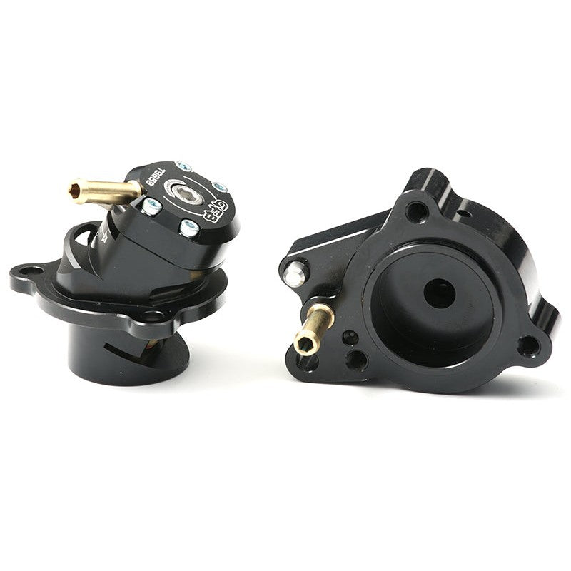 GFB DVX T9659 performance diverter valve with dual outlets and venting bias adjustment lever.