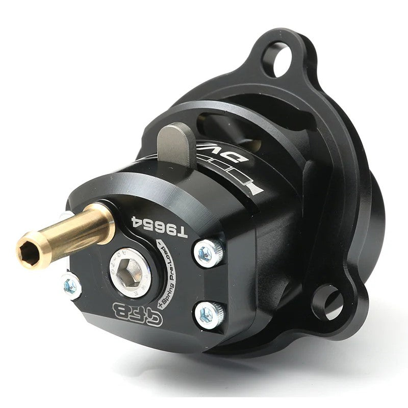 GFB DVX T9654 performance diverter valve with adjustment lever and dual outlet ports for turbo boost control.