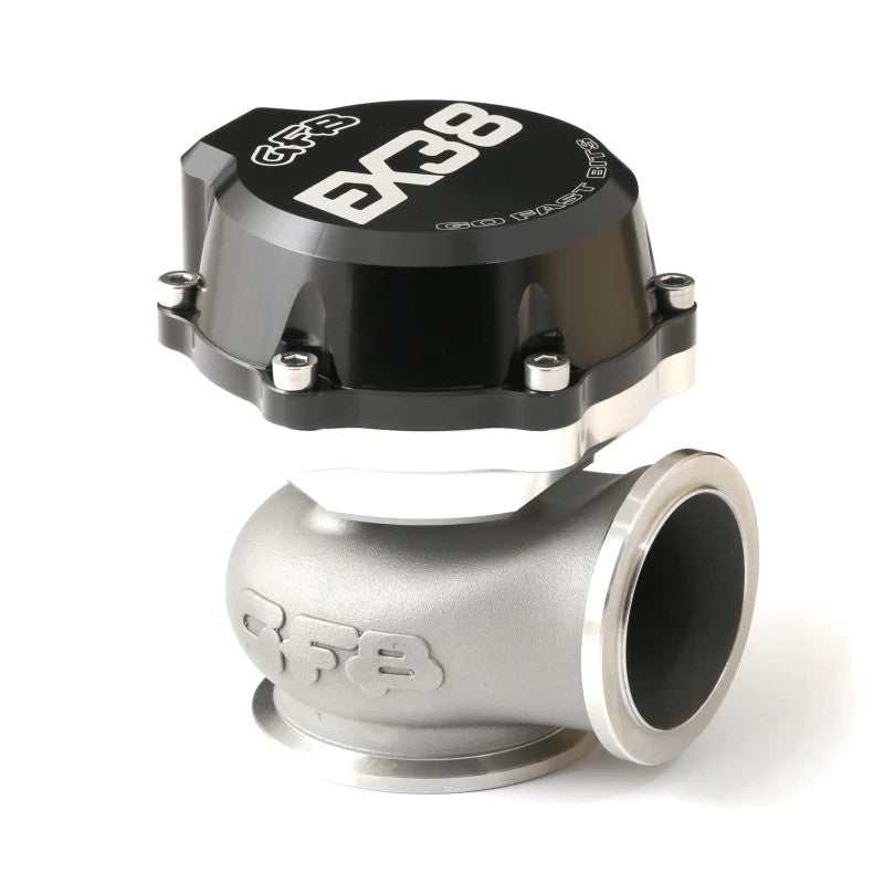 GFB EX38 38mm V-Band external wastegate with investment cast stainless steel body and 10psi spring.