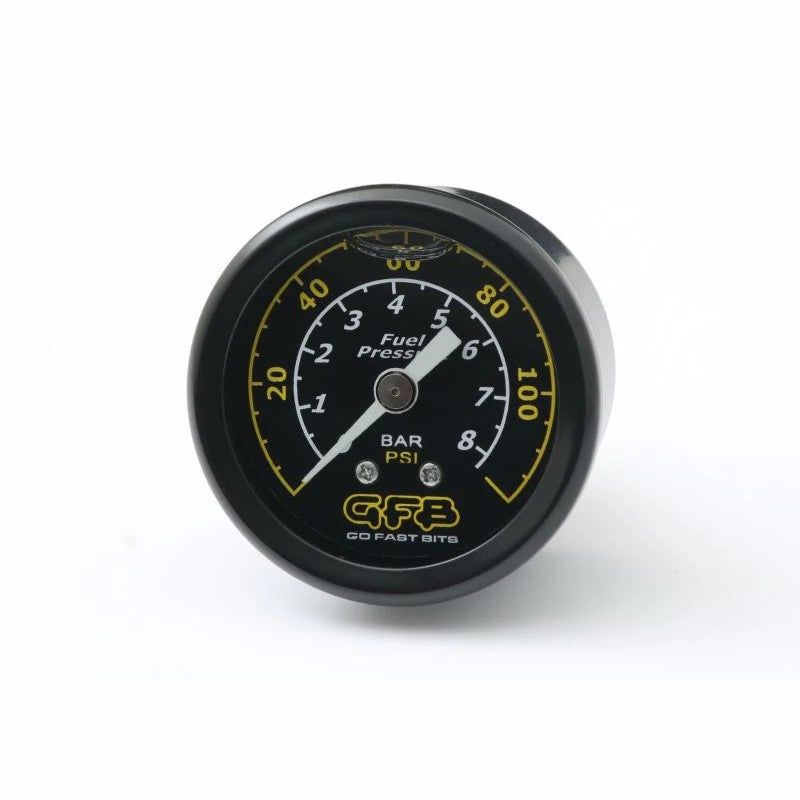 GFB 5730 mechanical fuel pressure gauge with a 40mm face, 0-120 PSI scale, and 1/8 MPT threaded connection.