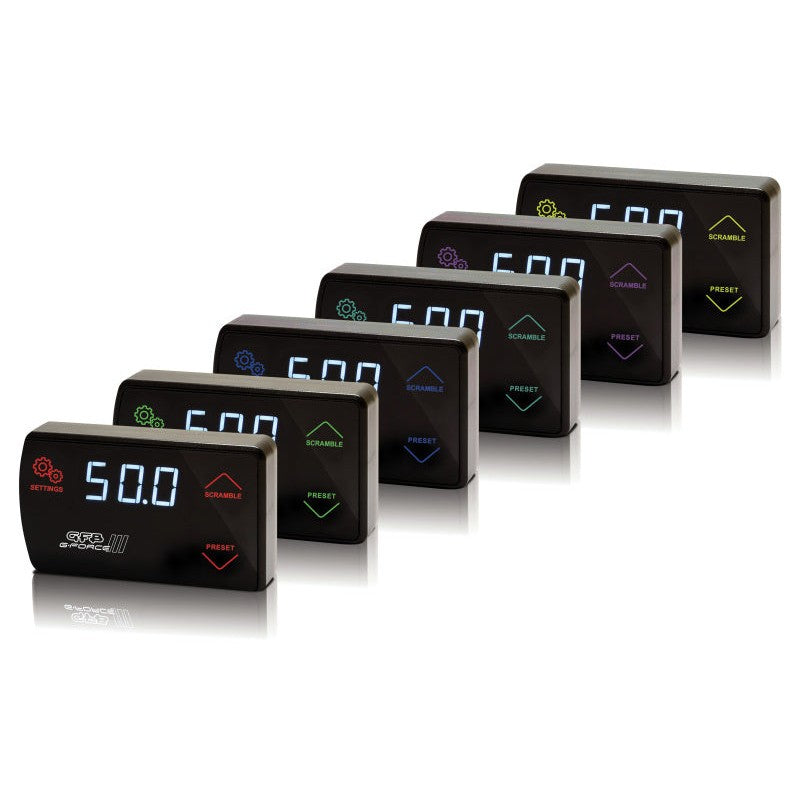 GFB G-Force III electronic boost controller with digital display and multi-color LED backlighting.