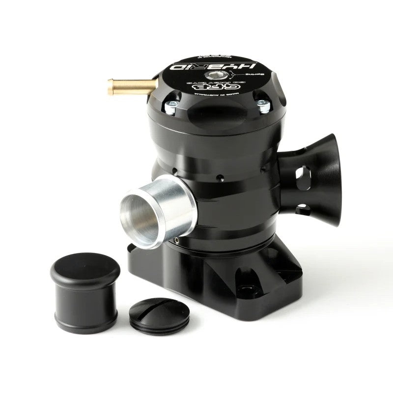 GFB Hybrid TMS T9211 dual outlet diverter valve with adjustment plugs for Hyundai 1.6T GDI engines.