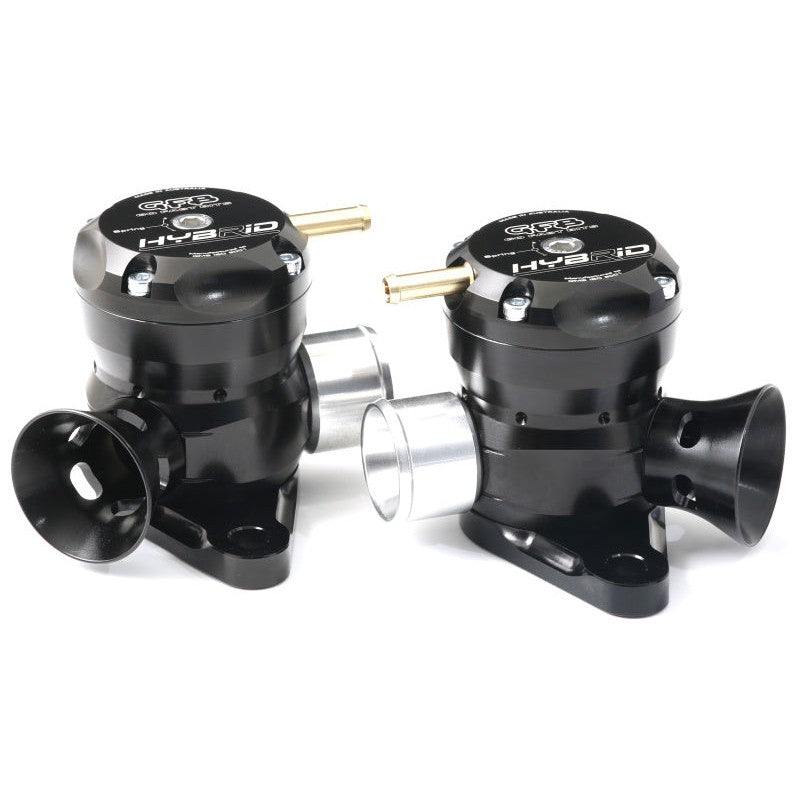 Two GFB Hybrid TMS Dual Port blow off valves with block-off plugs for Nissan GT-R R35.