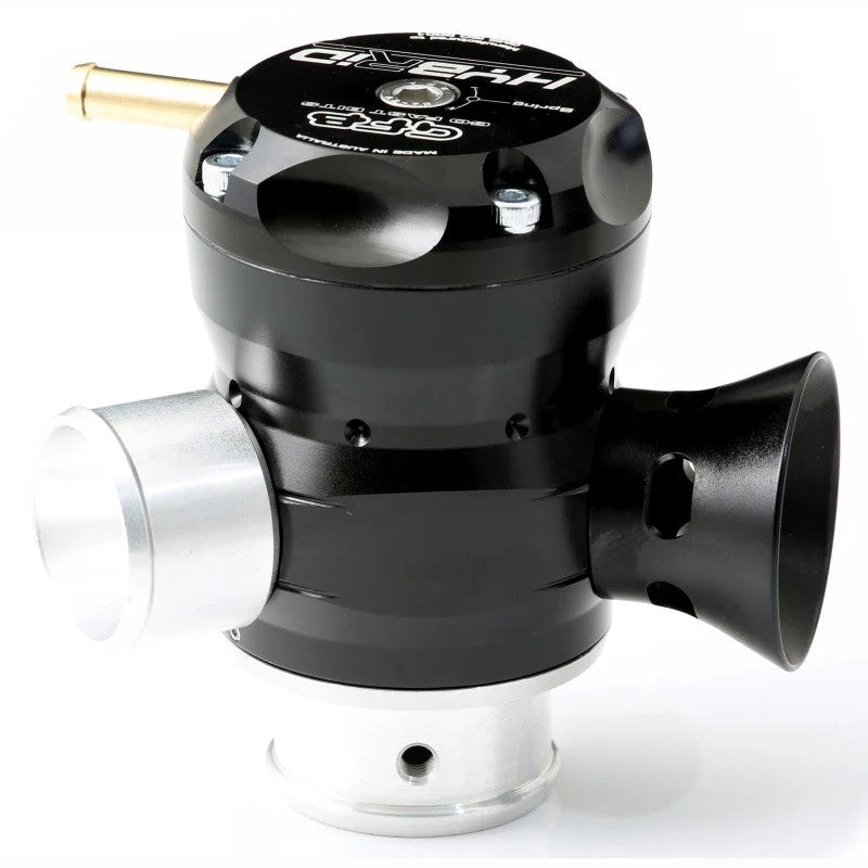 GFB HYBRID TMS Dual Port blow-off valve featuring a 35mm inlet and 30mm outlet for turbocharger applications.