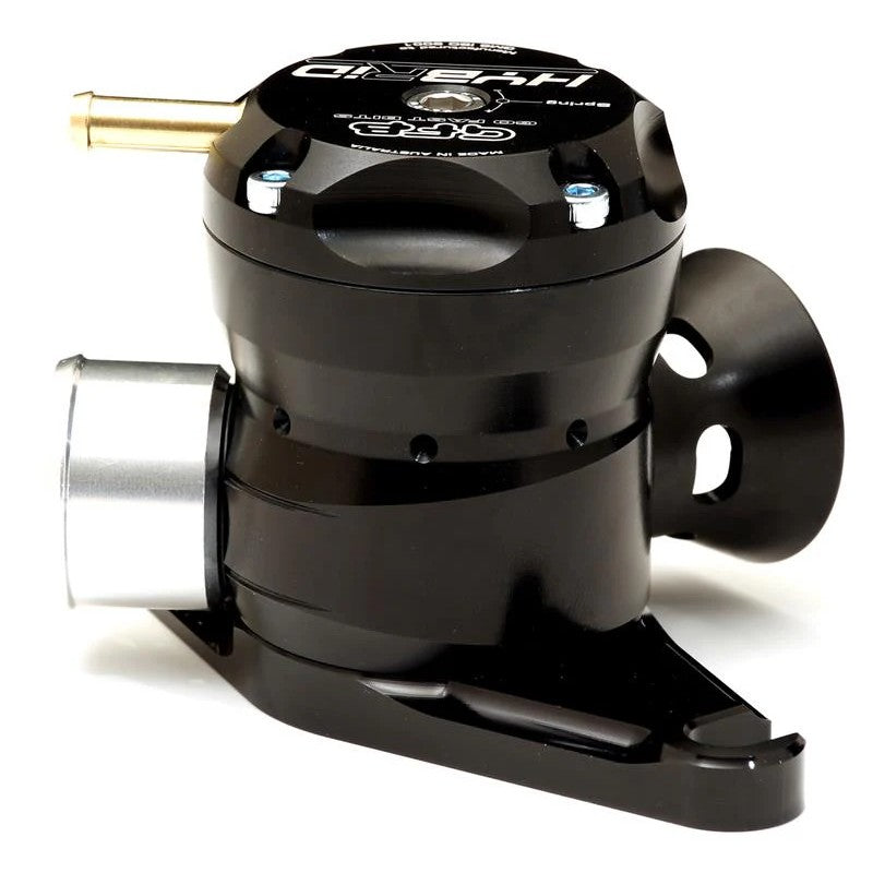 GFB Hybrid TMS Dual Port diverter valve showing staged venting outlets and mounting flange.