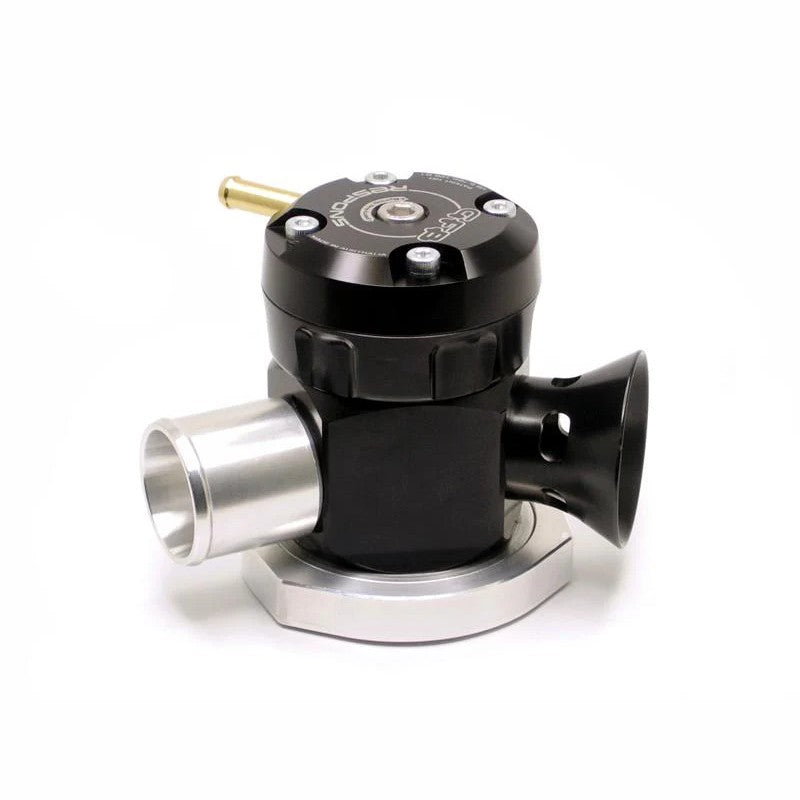 GFB TMS Respons blow off valve T9033 with black adjustable venting bias ring and silver body.