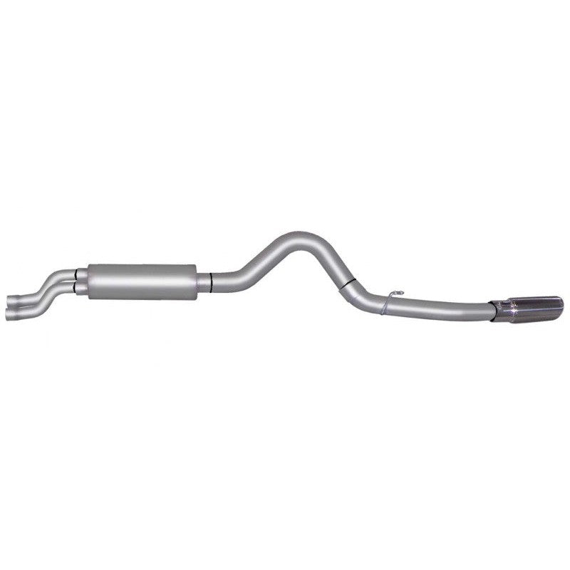 Gibson aluminized single side exit 4-inch cat-back exhaust system with a polished stainless steel slash-cut tip.