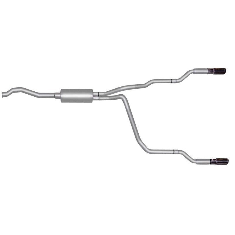 Gibson aluminized dual split cat-back exhaust system with polished stainless steel slash-cut tips.