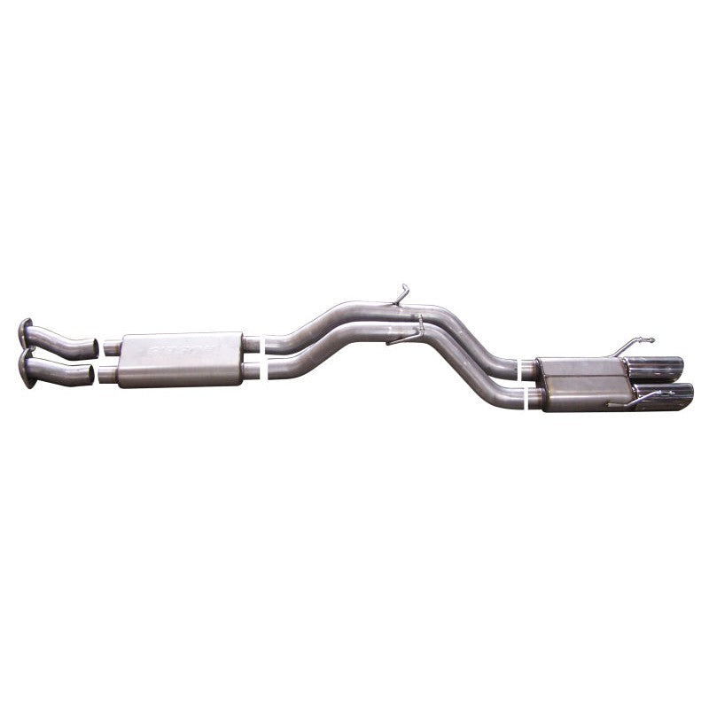 Gibson 3-inch aluminized cat-back dual exhaust system with Superflow muffler and polished stainless steel tips.