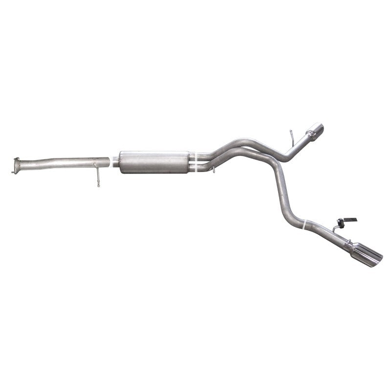 Gibson 5403 Dual Extreme cat-back exhaust with aluminized mandrel-bent tubing and polished stainless slash-cut tips.