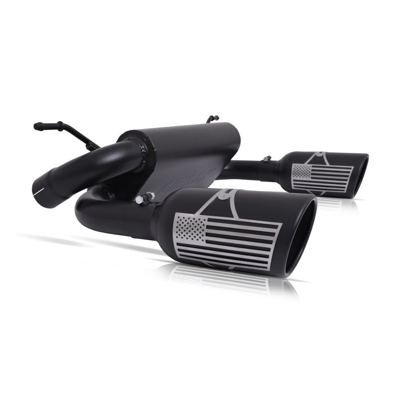 Gibson Patriot Series 2.5-inch dual split axle-back exhaust with black ceramic tips and US flag badge for 2007-2017 Jeep JK