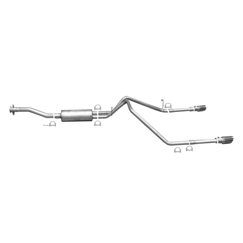 Gibson 65586 dual split cat-back exhaust system with stainless steel mandrel-bent tubing and dual polished tips.