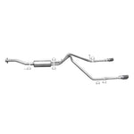 Gibson 65586 dual split cat-back exhaust system with stainless steel mandrel-bent tubing and dual polished tips.