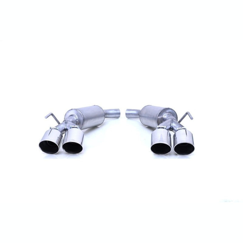 Gibson stainless steel dual axle-back exhaust system with polished round slash-cut tips for Ford Explorer and Lincoln Aviator.