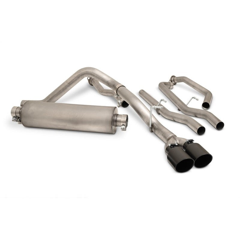 Gibson Black Elite dual exit cat-back exhaust system with black ceramic rolled slash-cut tips for 2022-2026 Toyota Tundra.