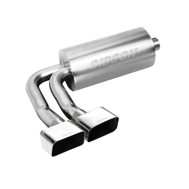 Gibson stainless steel Super Truck cat-back exhaust with dual front-of-tire exit pipes and polished tips.