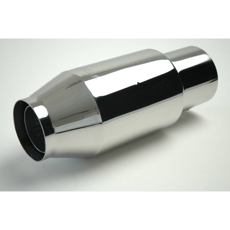 A pair of polished stainless steel marine bullet mufflers featuring 4.5 inch inlets and transom mounting brackets.