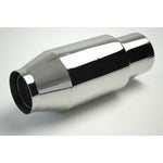 A pair of polished stainless steel marine bullet mufflers featuring 4.5 inch inlets and transom mounting brackets.