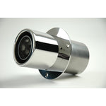 Pair of stainless steel 4-inch Gibson Marine Power Tip mufflers with rolled edges for transom mounting.